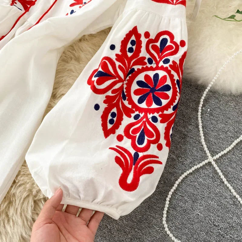 Bohemian Embroidered Floral Dress With Lantern Sleeve