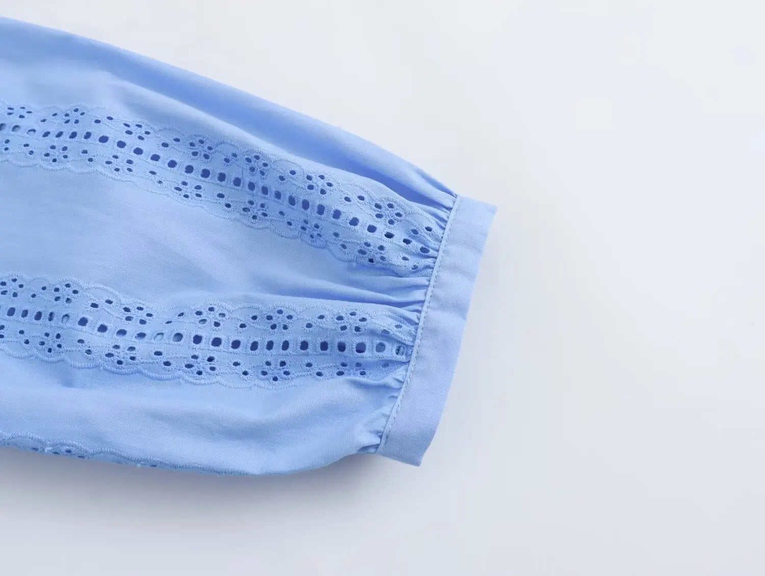 Loose Lace Up White Shirt for Women Elegant Hollow Out Embroidered Puff Sleeve Cropped Top