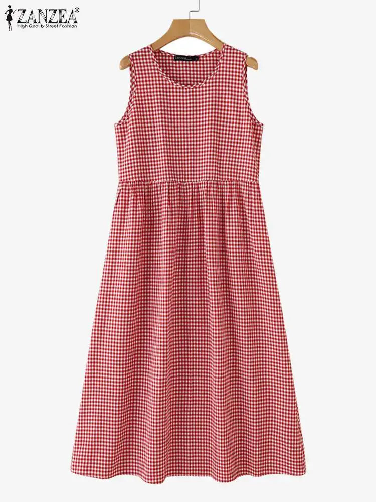 Gingham Midi Dress For Women Vintage Casual Aline Holiday
