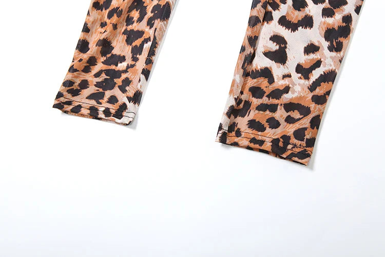 Sexy Leopard Print Mesh Jumpsuit for Women Full Sleeve Skinny Fit Round Neck One Piece Overalls