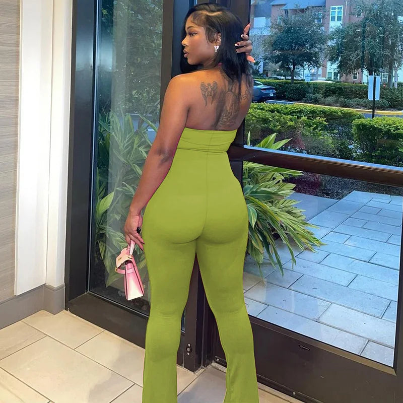 Sleeveless Halter Backless Bodycon Jumpsuit with Flare Pants Casual Rompers for Women Streetwear Festival Outfit