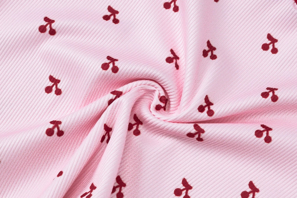 Cherry Print Two-Piece Matching Set with Slim Crop Camisole Top and Bow-Accent Shorts Summer Casual Festival and Workout Outfit for Women