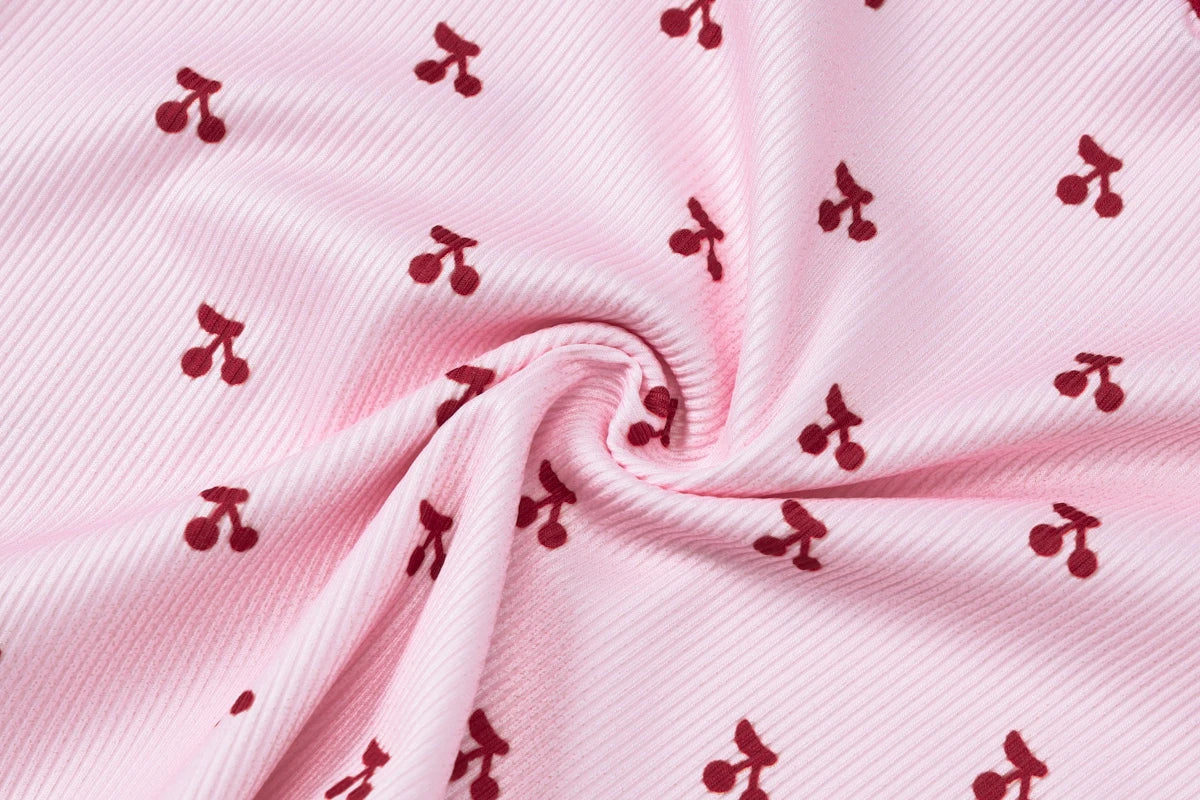 Cherry Print Two-Piece Matching Set with Slim Crop Camisole Top and Bow-Accent Shorts Summer Casual Festival and Workout Outfit for Women