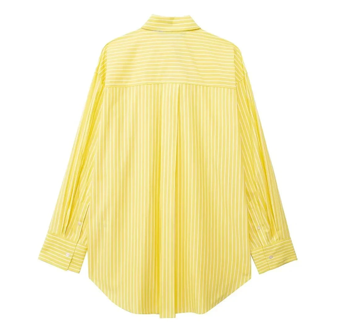 Stylish Women's Yellow Striped High Waist Drawstring Casual Trousers Cozy Loose Long Pants