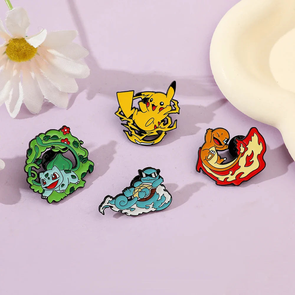 Cute Cartoon Pocket Monsters Enamel Brooch Set for Bags - 4 Pcs Creative Animated Character Accessories