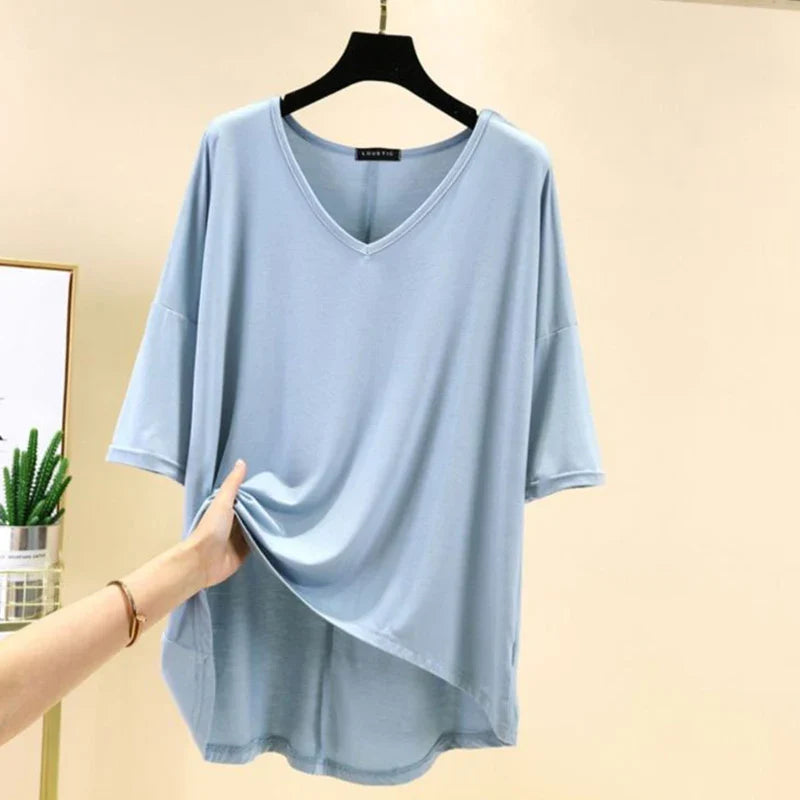 Solid Color Basic Short Sleeve Womens V Neck T Shirt Casual Cotton Tee for Summer