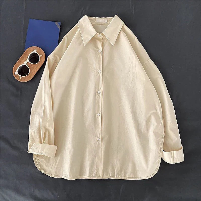 Solid Long Sleeve Loose Fit Blouse Shirt for Women Casual Single Breasted Vintage-Inspired Outerwear Top with Simple Trendy Design