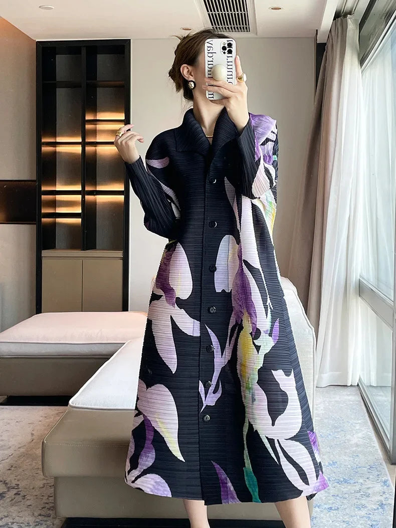 Printed Floral Midi Dress With Pleated Sleeves And Lapel