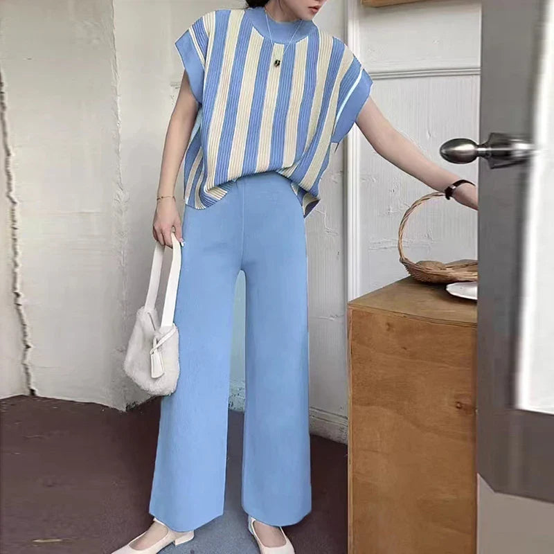 Women Casual Striped Sweater Pant Set Autumn Winter Knitted Short Sleeve Tops and Elastic Sweater Pants