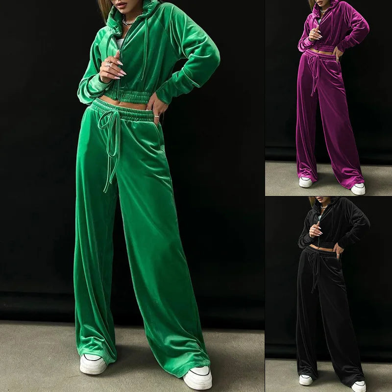 Velvet Tracksuit Women Two Piece Set with Zipper Crop Coat and Long Pants Casual Outfit