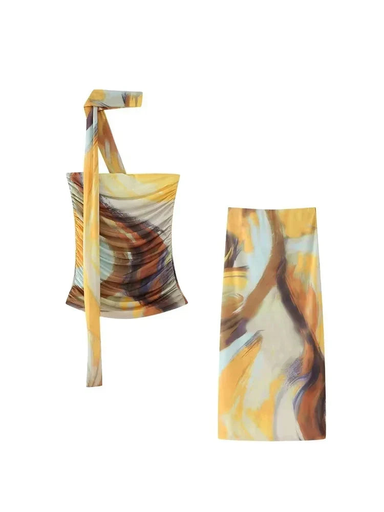 Strapless Leopard Print Tulle Draped Bustier Top with High Waist Long Skirt Two-Piece Set for Women Sexy Evening Outfit