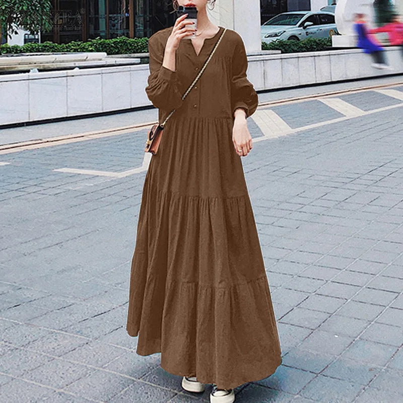 Womens Long Sleeve Swing Dress Cotton Hemp Casual Elegant