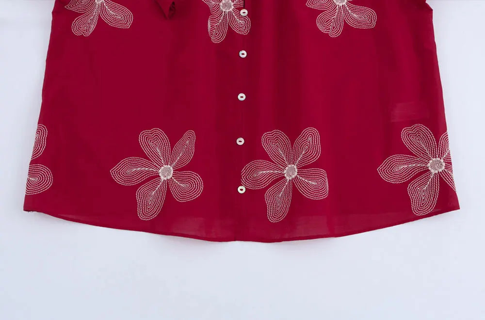 Women's Floral Embroidered Long Sleeve Button-Up Blouse Elegant Chic Shirt Top