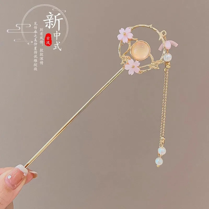 Elegant Enameled Flower Tassel Hair Clip Alloy Hairpin for Women Stylish Chinese Hair Accessory