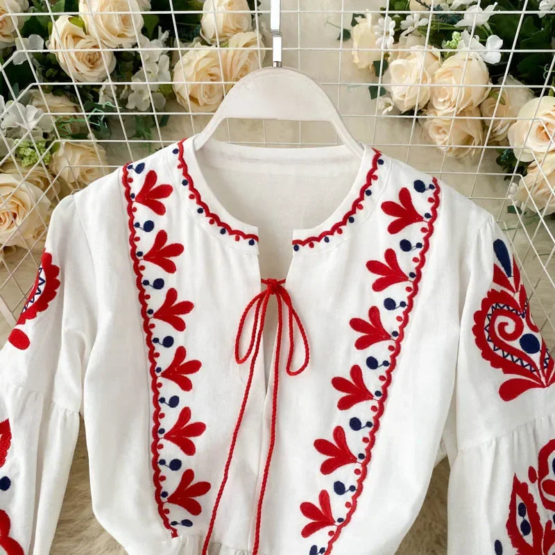 Bohemian Embroidered Floral Dress With Lantern Sleeve