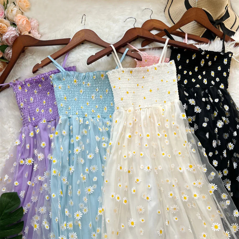 Floral Daisy Print Mesh Long Dress for Summer Vacation