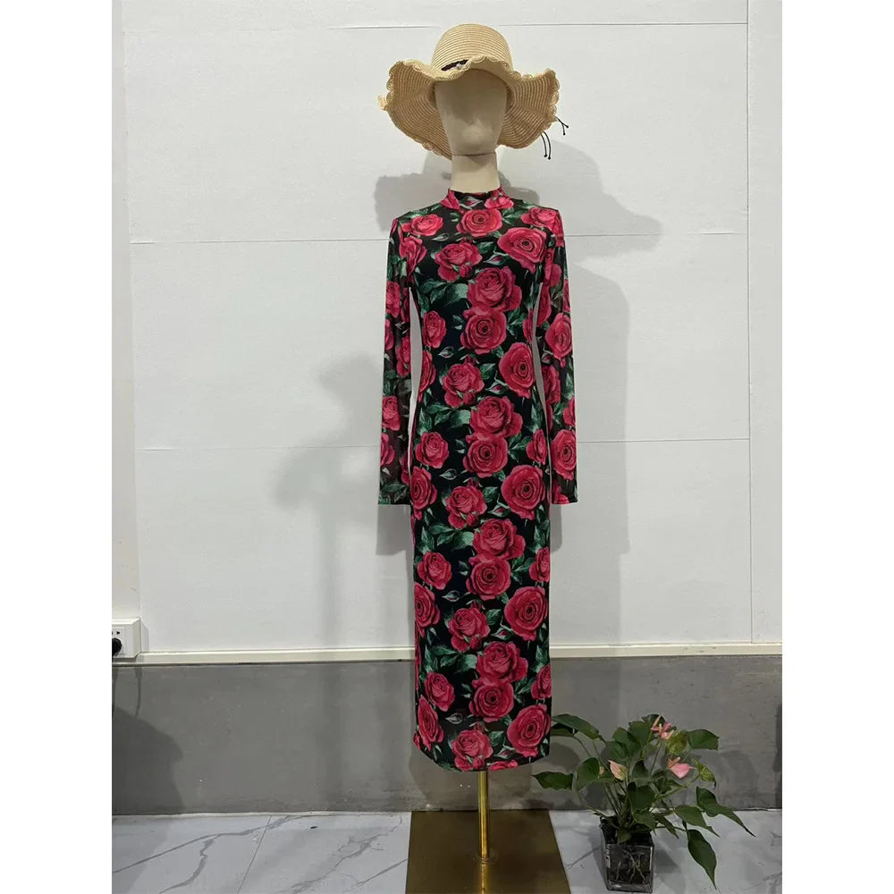 Printed Long Sleeve Dress For Women Vintage Retro Style