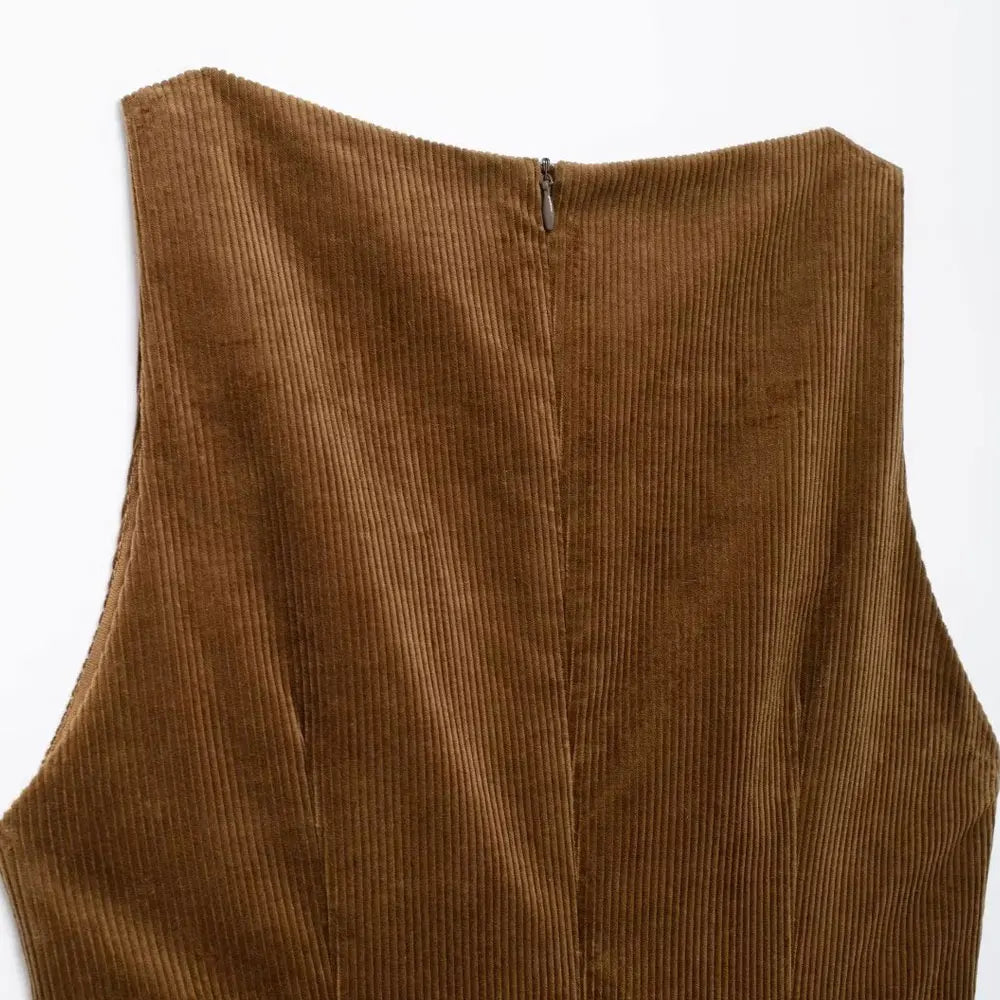 Corduroy Mini Dress With Belt O Neck Sleeveless Back Zipper