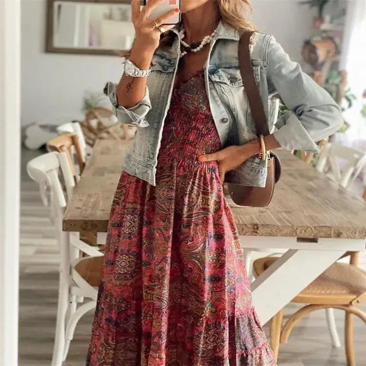 Bohemian Maxi Dress Floral Print Cinched Waist Long