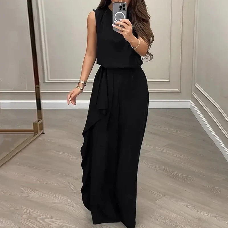 Casual Women's 2 Piece Set with Sleeveless Pullover Top and Ruffled Pants for Stylish High Street Look