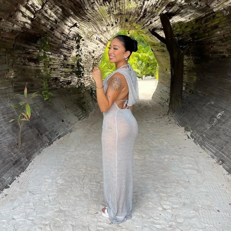 Sleeveless Hooded Dress Slimming Swing Neck Solid Color Long