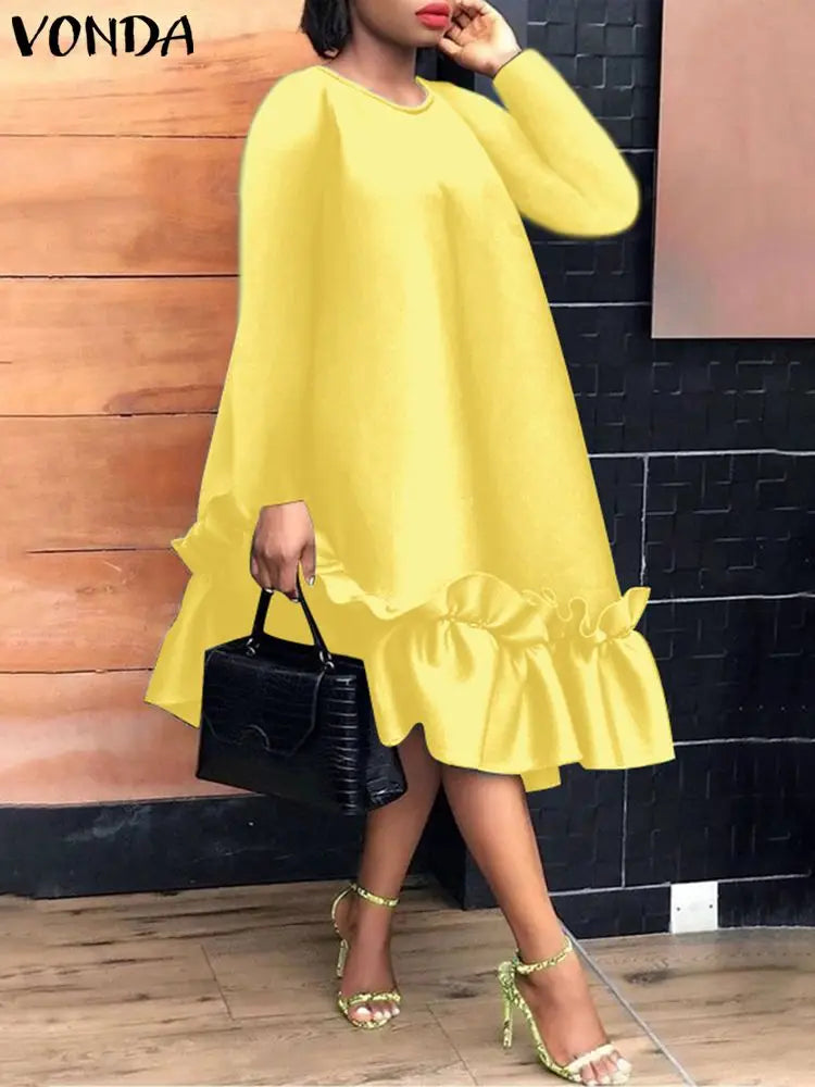 Elegant Ruffled Midi Dress For Women Long Sleeve Sundress