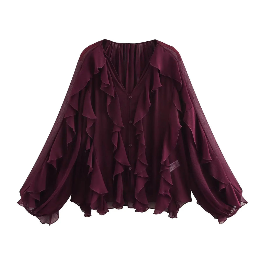 Sexy Transparent Tassel Chiffon Women Blouse Long Sleeve V Neck Loose Fit Single Button Shirt Stylish Lightweight Top for Spring and Summer