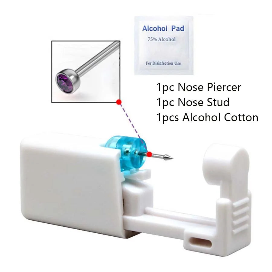 Disposable Nose Piercing Gun Kit with Built-In Crystal Nose Stud for Easy Piercing