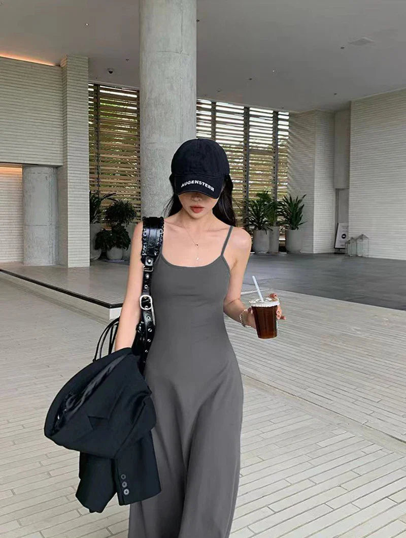 Y2K Black Strap Long Dress Sleeveless Bodycon Sundress