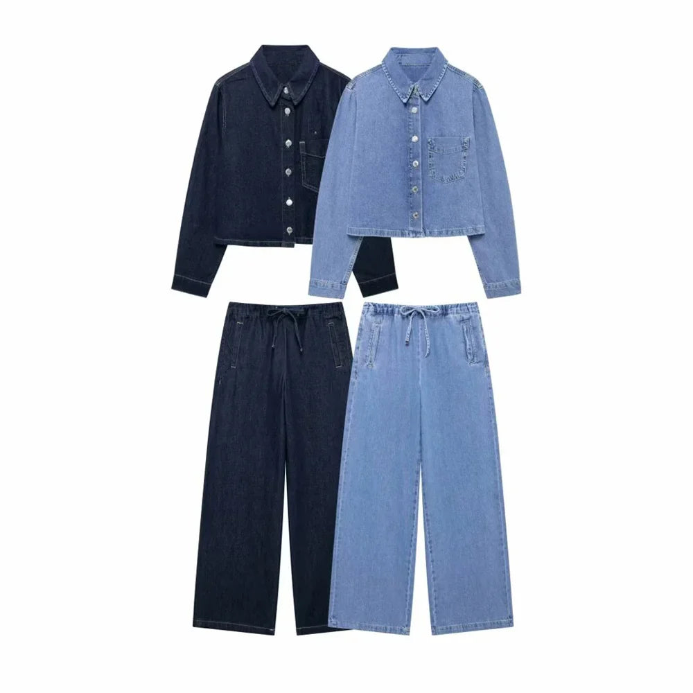 Autumn Casual Loose Cotton Denim Shirt and Pants Set for Effortless Style