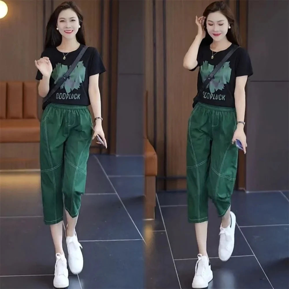 Women's Casual Summer Two Piece Set with Short Sleeve T-Shirt and Calf-Length Pants