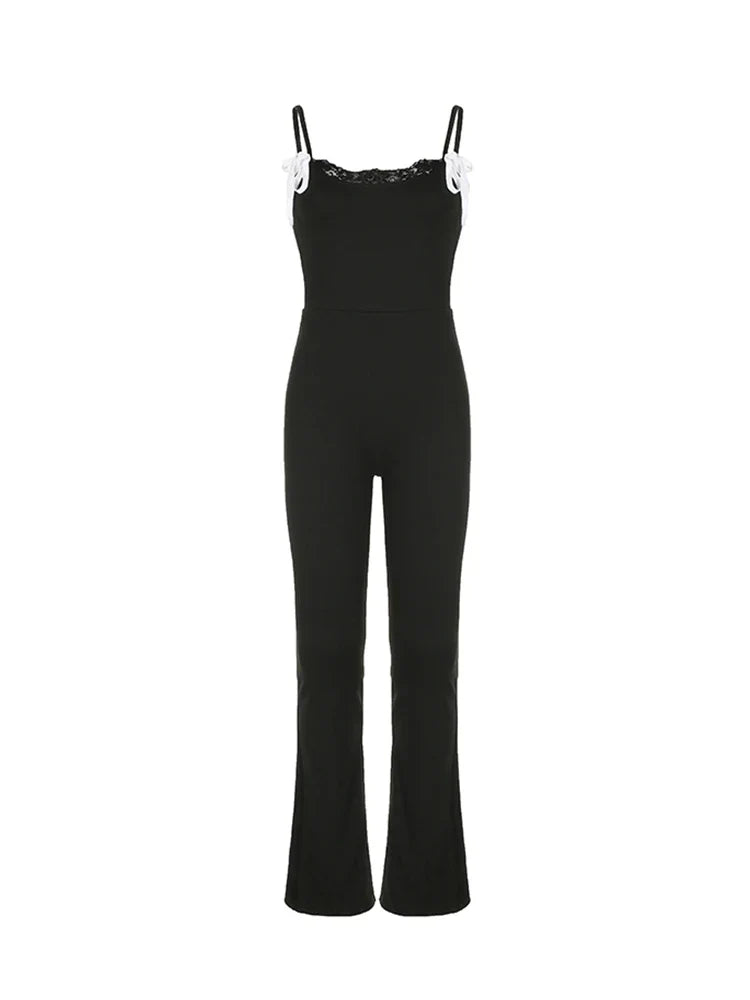 Black Sleeveless Skinny Flared Jumpsuit for Women with Lace Trim and Tie Bow Detail Cute Sweet Slip Romper