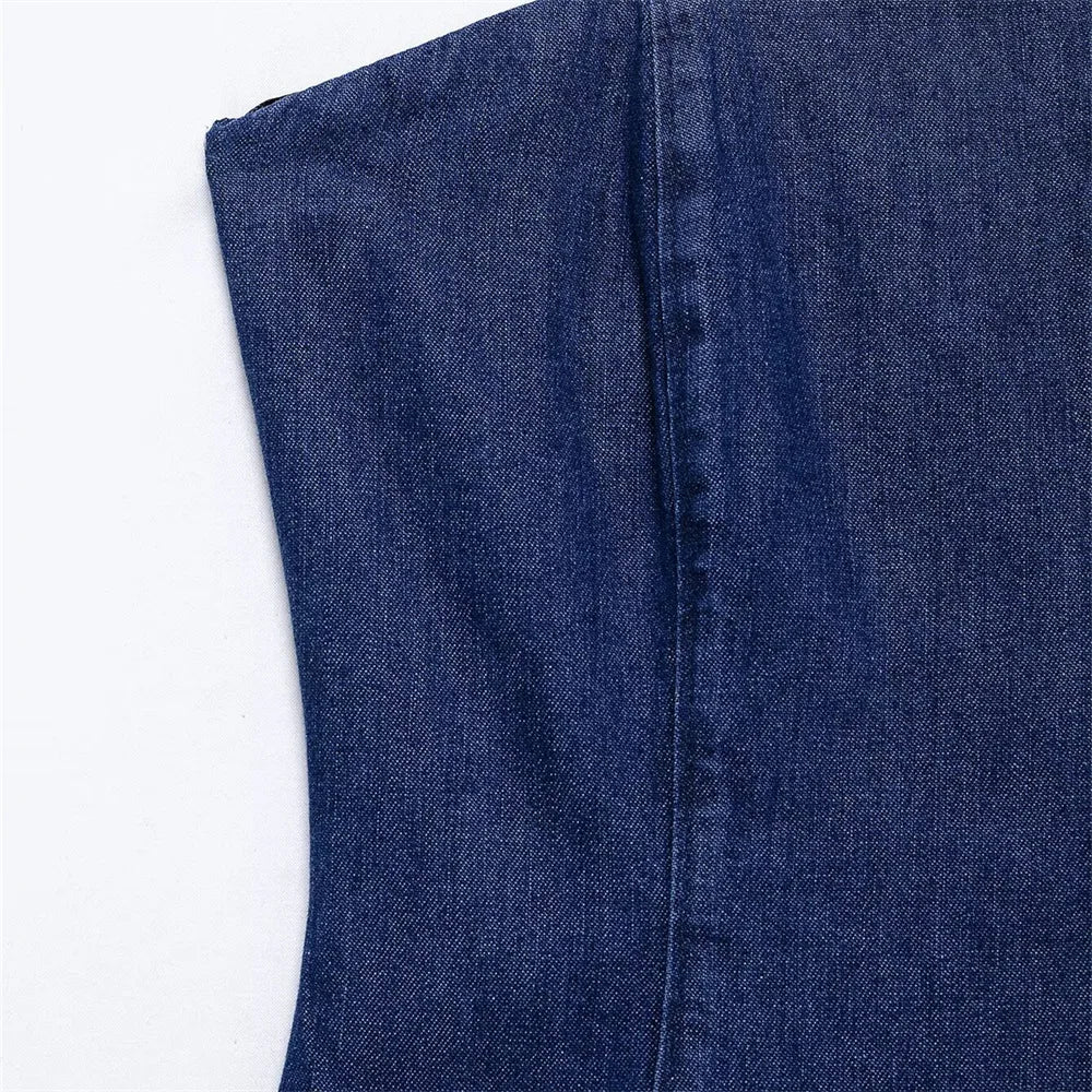 Denim Midi Dress For Women Strapless Backless Zipper Detail