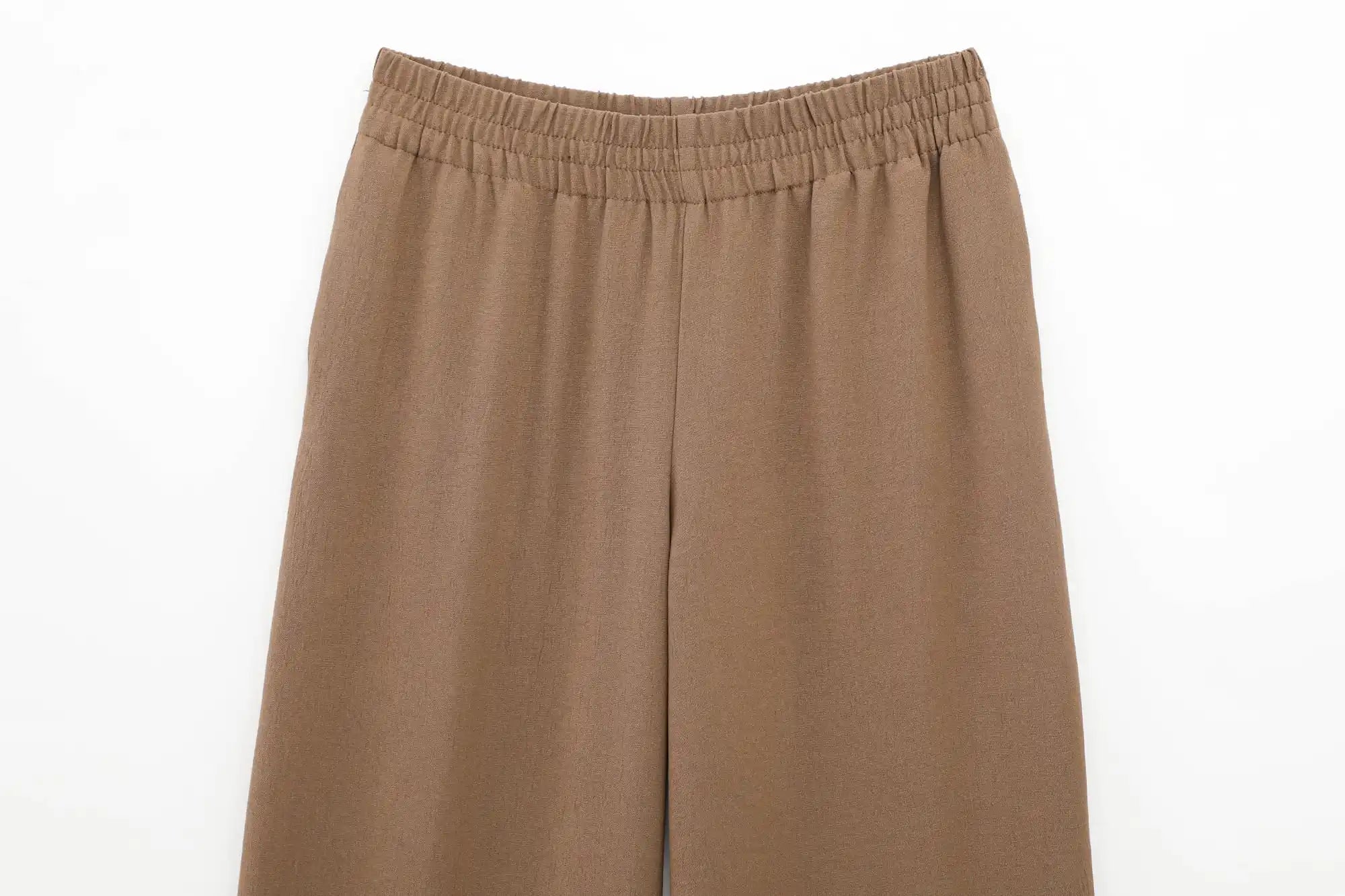 Women Casual Brown Lace-Up Waist Shirt and High Waist Wide Leg Pants Set for Spring Fashion