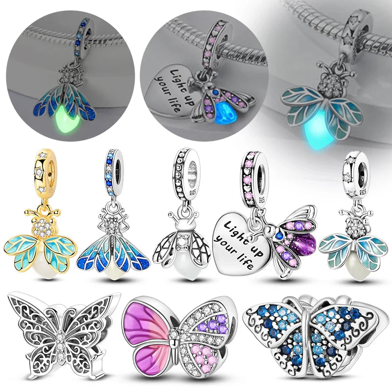Glowing Luminous Firefly Butterfly Pendant Charm Beads in 925 Sterling Silver for Bracelet Jewelry