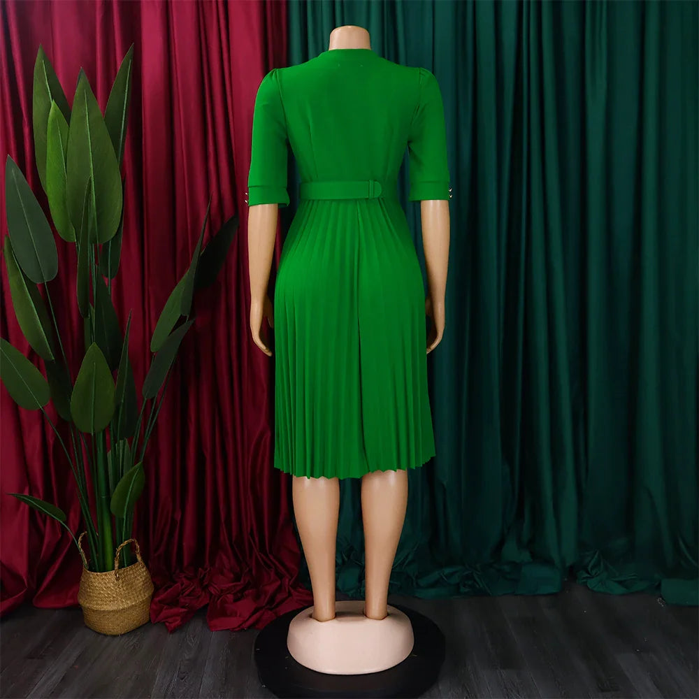 Elegant Pleated Dress for Women Formal Half Sleeve Belted