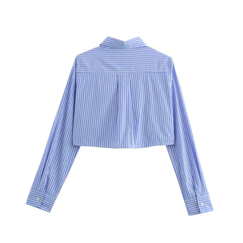 Women's Chic Striped Crop Shirt Long Sleeve Button-Up Blouse with Pockets Casual Fashion Top