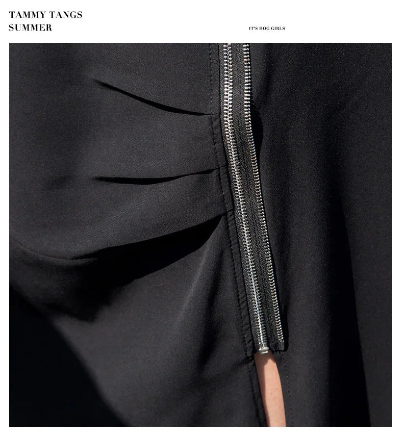 Black Zipper Dress For Women Elegant Casual Long Dress