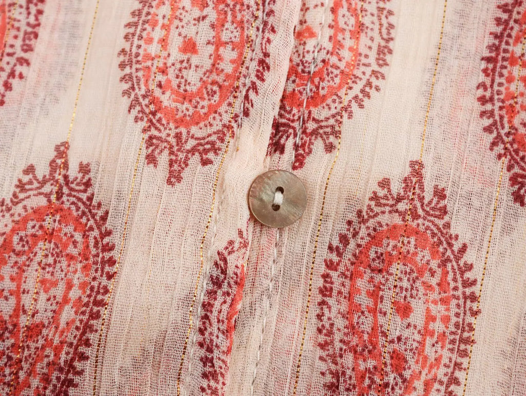 Womens Printed Shirt with Metallic Thread Ruffle Collar Drawstring Long Sleeve Single Breasted Chic Top