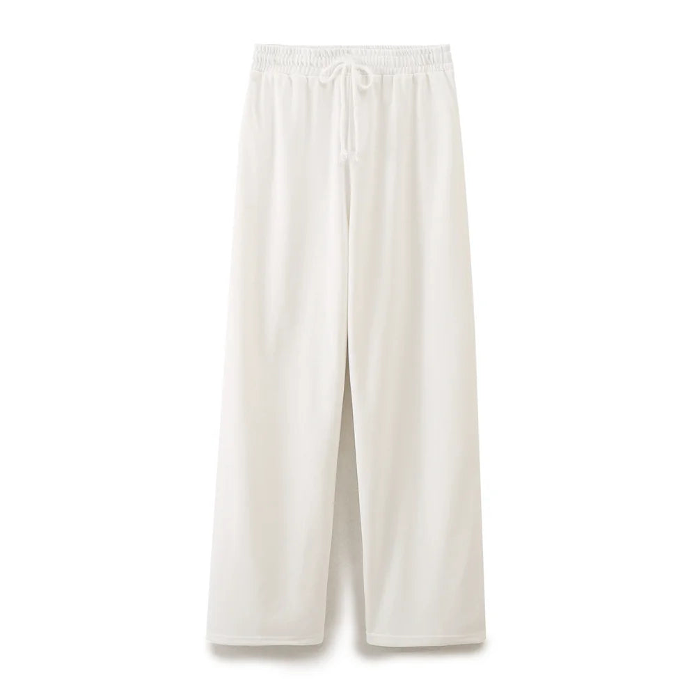 Women's Solid Casual Trouser Set with Short Sleeve T-Shirt and Elastic Waist Wide Leg Pants