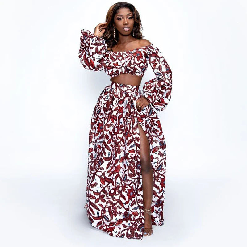 Women's Autumn African Dashiki 2-Piece Set Full Sleeve Off Shoulder Top with Feather Print and Split Skirt Traditional Ethnic Clothing