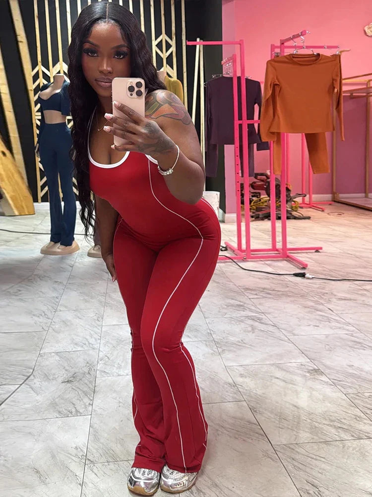 Casual Stripe Panelled Sleeveless Jumpsuit For Women U-Neck Stretch Backless One Piece Active Summer Overalls