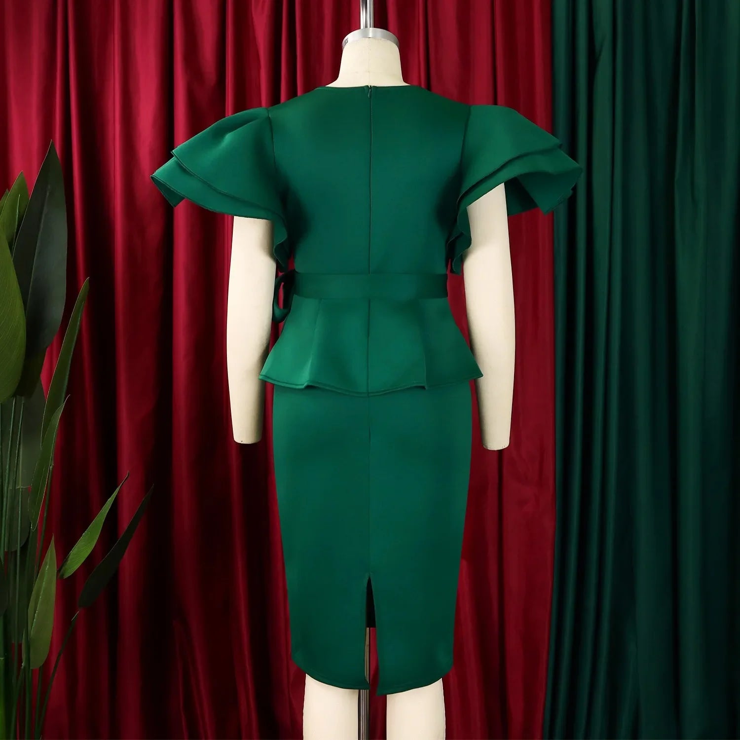 V Neck Bodycon Midi Dress With Ruffle Sleeves For Women