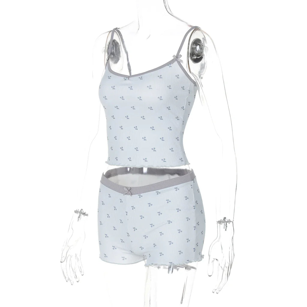 Cherry Print Two-Piece Matching Set with Slim Crop Camisole Top and Bow-Accent Shorts Summer Casual Festival and Workout Outfit for Women