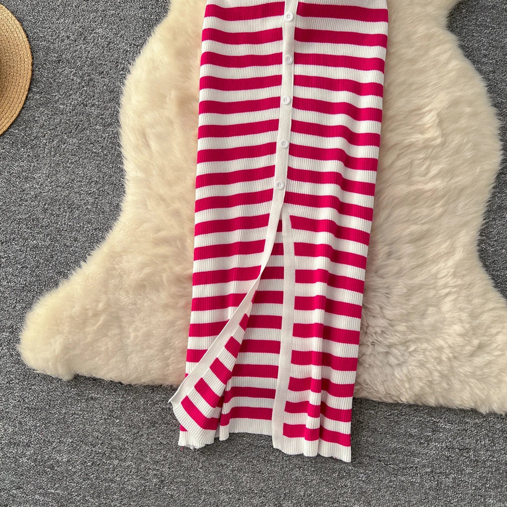 Women Striped Knitted Bodycon Maxi Dress for Summer