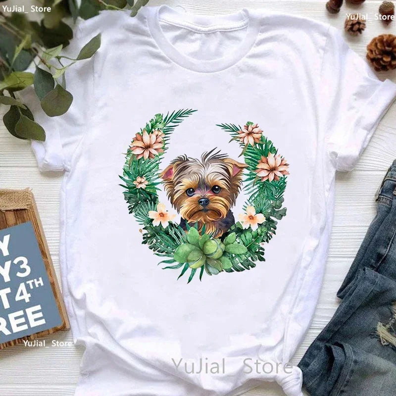 Golden Puppy Sunflower Dog Lover T Shirt for Girls Kawaii Summer Fashion Top with Pug and Yorkie Design