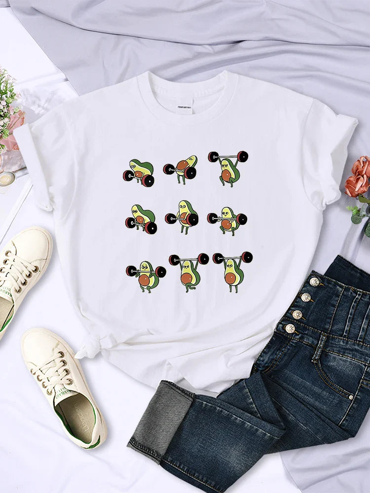 Avocado Cartoon Weightlifting T Shirt for Women Casual Short Sleeves Korean Hip Hop Style