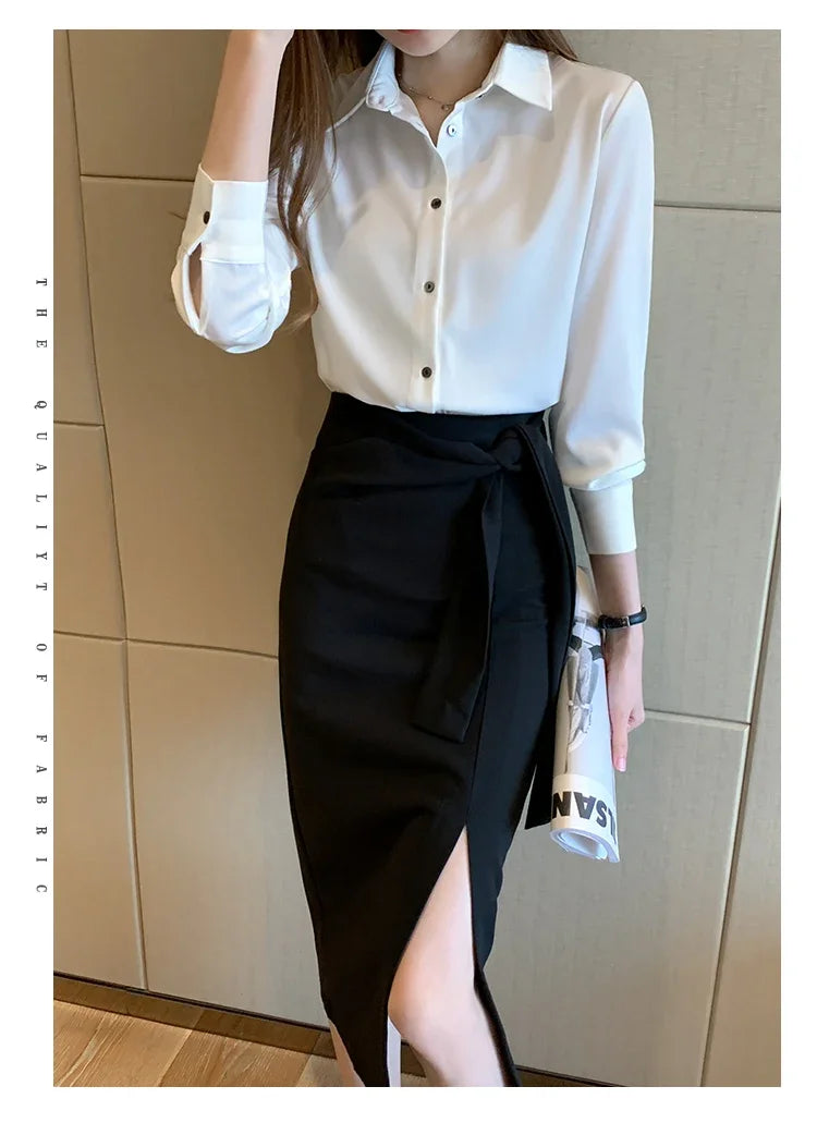 Elegant Satin Long Sleeve Blouse for Women Casual Office Shirt Solid White Basic Top