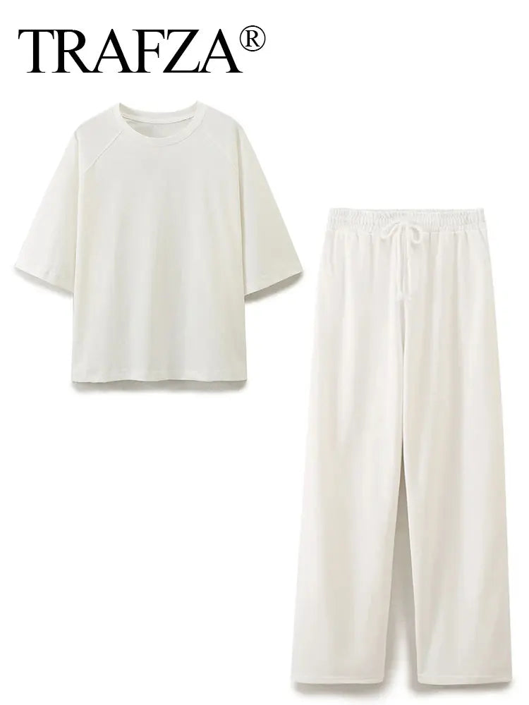 Women Casual Sport Pant Suit Set with Vintage Solid Short Sleeve T-Shirt and Drawstring Jogging Pants