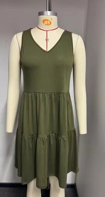 Girls Knee Length V Neck Pleated Patchwork Sleeveless Dress